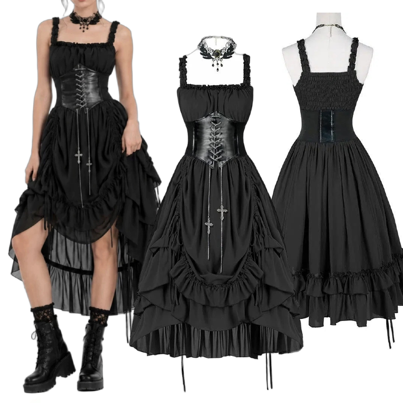 Vintage Fashion Dresses - Women Gothic Dress Corset Slip Black