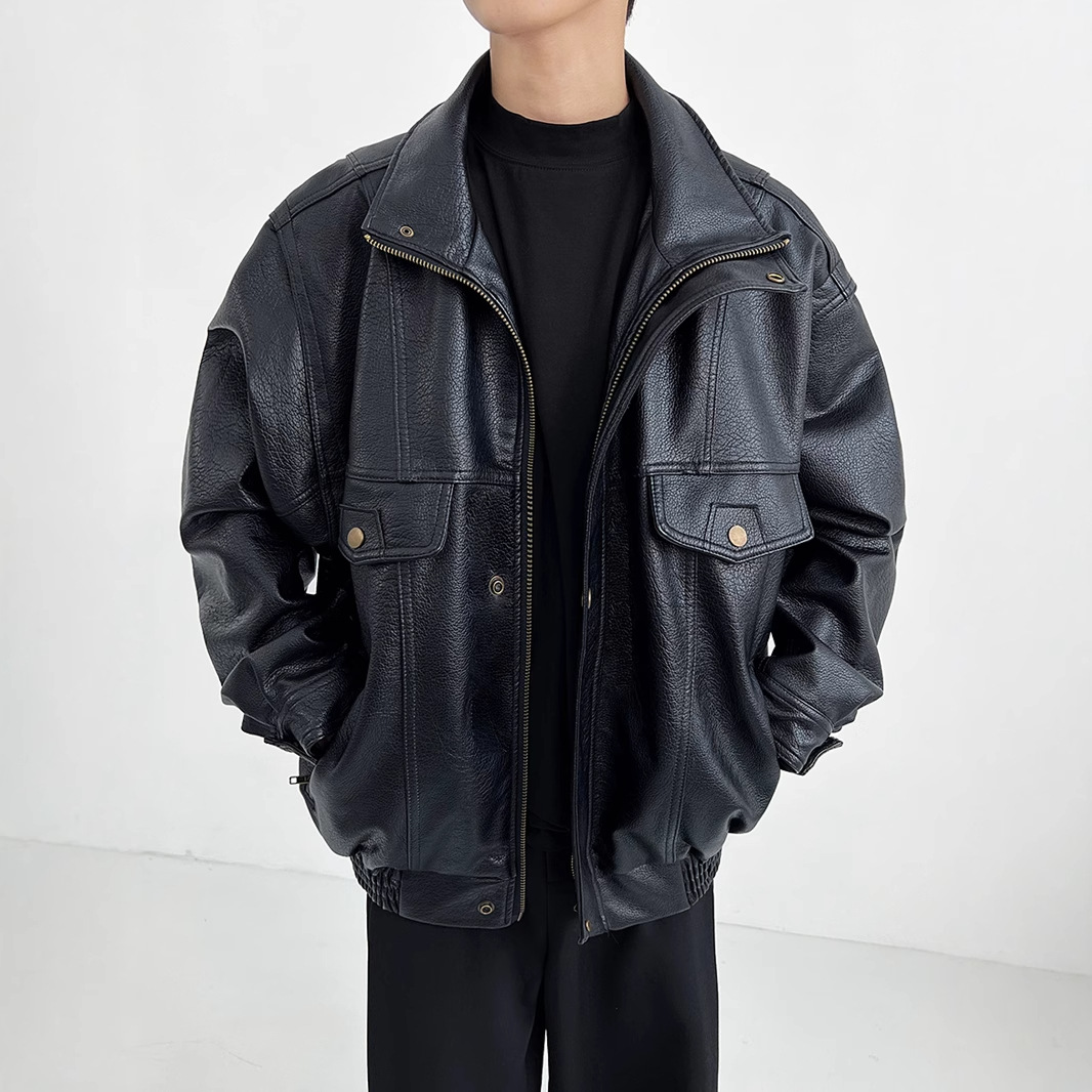 Pu Leather Men's Thickened Bik - Vintage Windbreaker Nylon 评论和价格