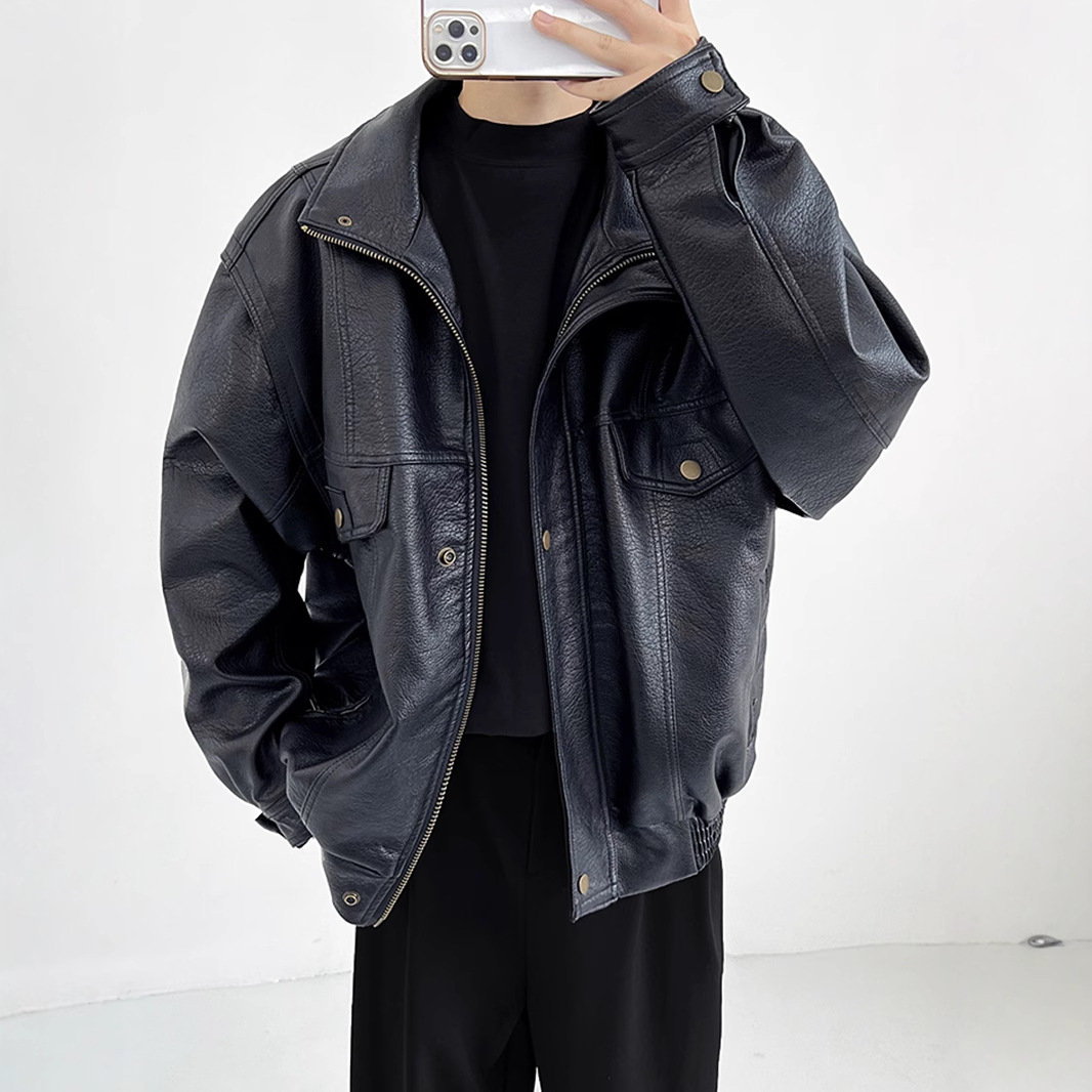 Pu Leather Men's Thickened Bik - Vintage Windbreaker Nylon 评论和价格