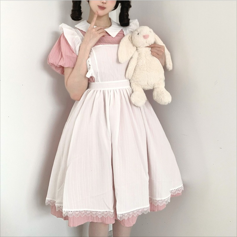 Long Pink White Maid Dress wit - Vintage Fashion Dresses 评论和价格