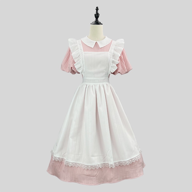 Long Pink White Maid Dress wit - Vintage Fashion Dresses 评论和价格